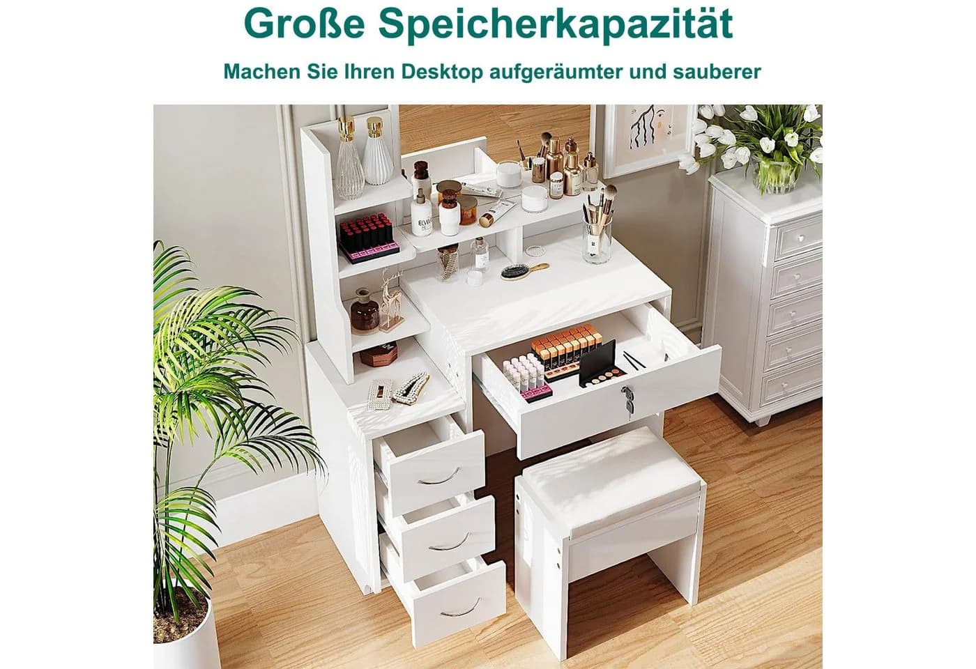 Dripex Schminktisch mit Hocker und Spiegel Weiß