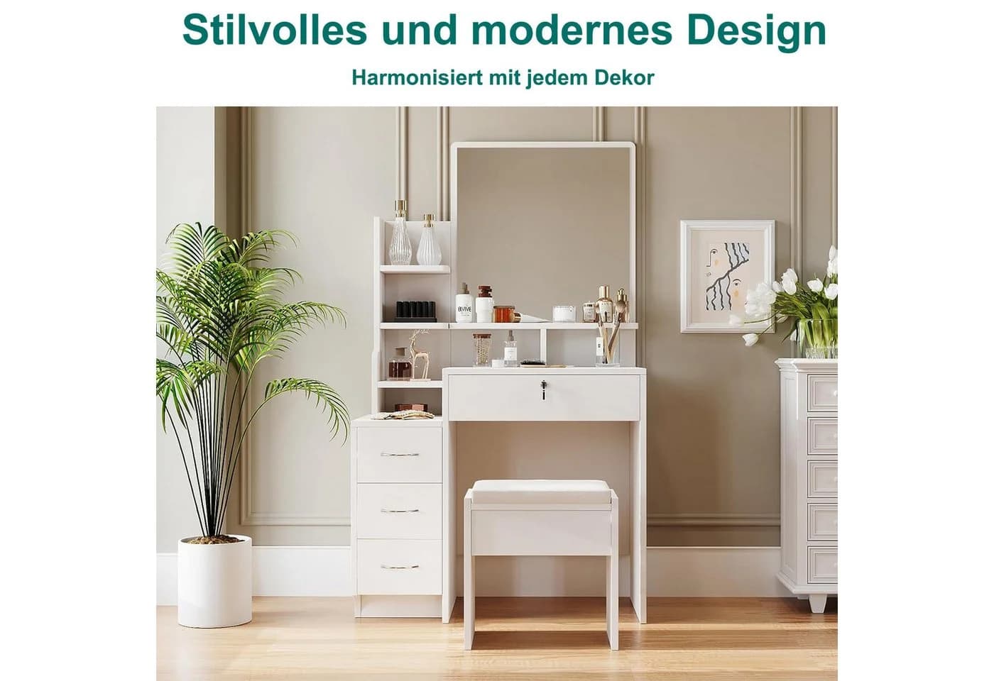 Dripex Schminktisch mit Hocker und Spiegel Weiß - Bild 3