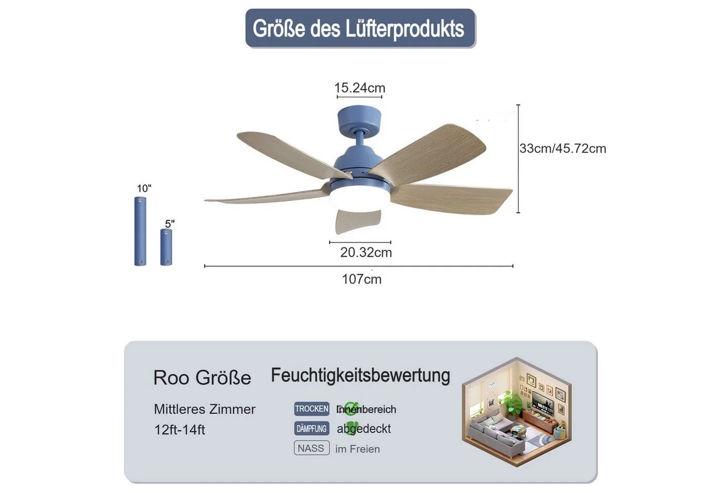 Sofucor Deckenventilator mit LED-Beleuchtung und Fernbedienung Blau