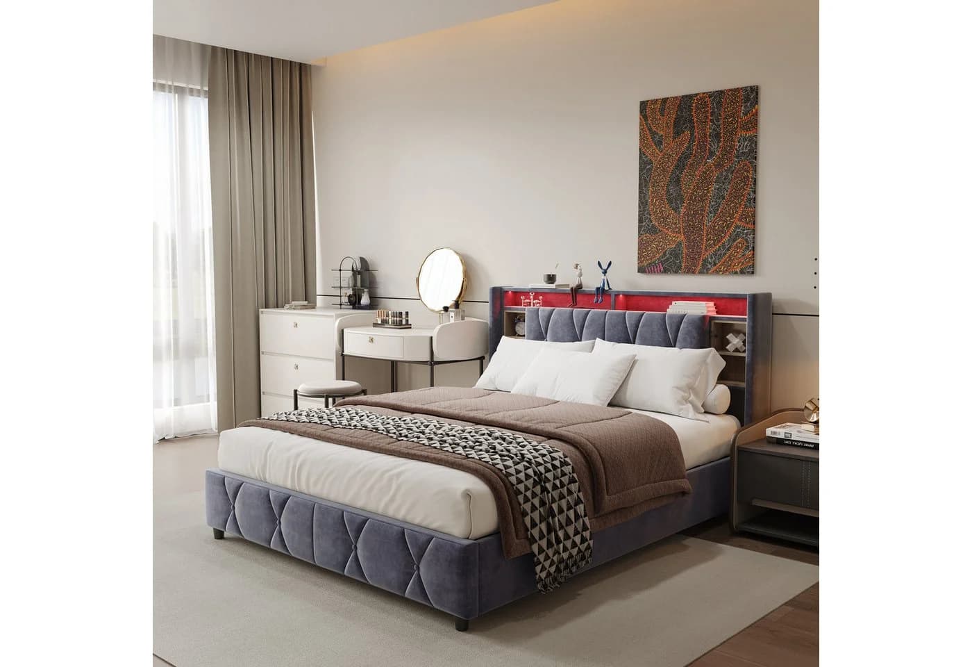 Furnishings Home Stauraumbett mit LED-Beleuchtung und Ladefunktion in Samt - Bild 2