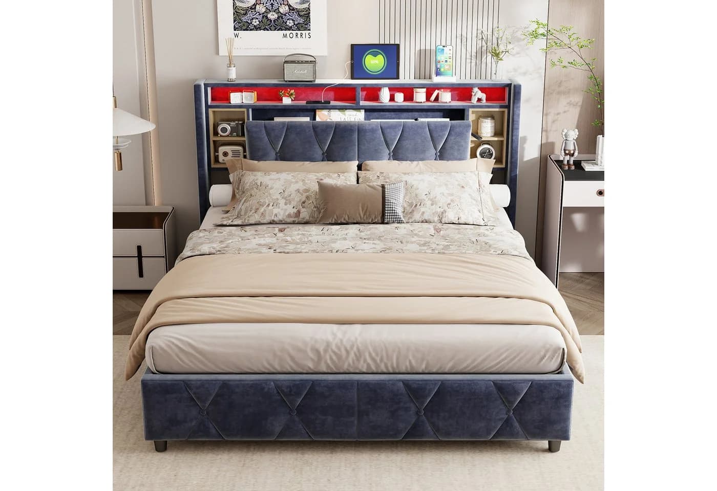 Furnishings Home Stauraumbett mit LED-Beleuchtung und Ladefunktion in Samt - Bild 5