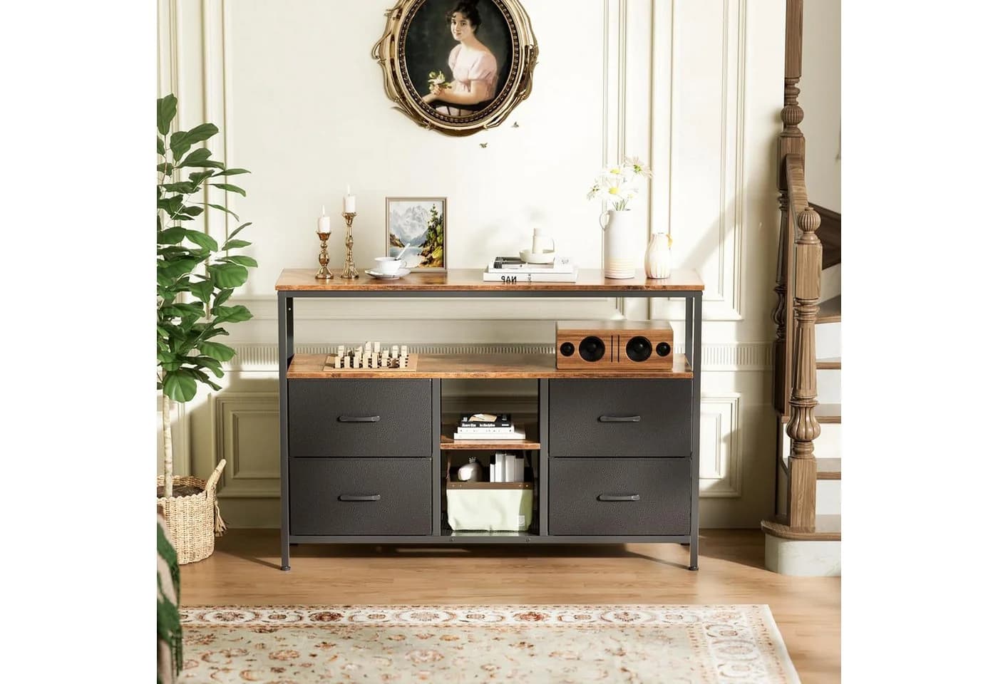 NMCXXO Sideboard Kommode TV-Schrank Metallrahmen LED 4 Schubladen Schwarz