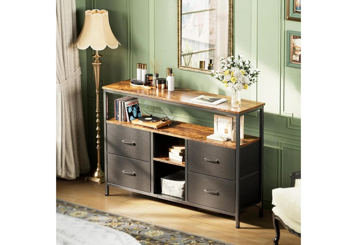 NMCXXO Sideboard Kommode TV-Schrank Metallrahmen LED 4 Schubladen Schwarz - Bild 2