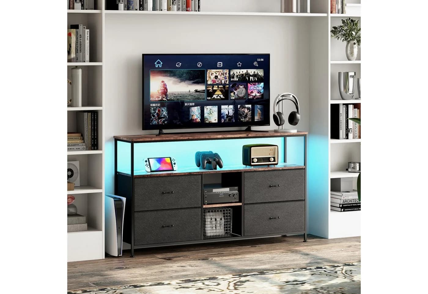 NMCXXO Sideboard Kommode TV-Schrank Metallrahmen LED 4 Schubladen Schwarz - Bild 3