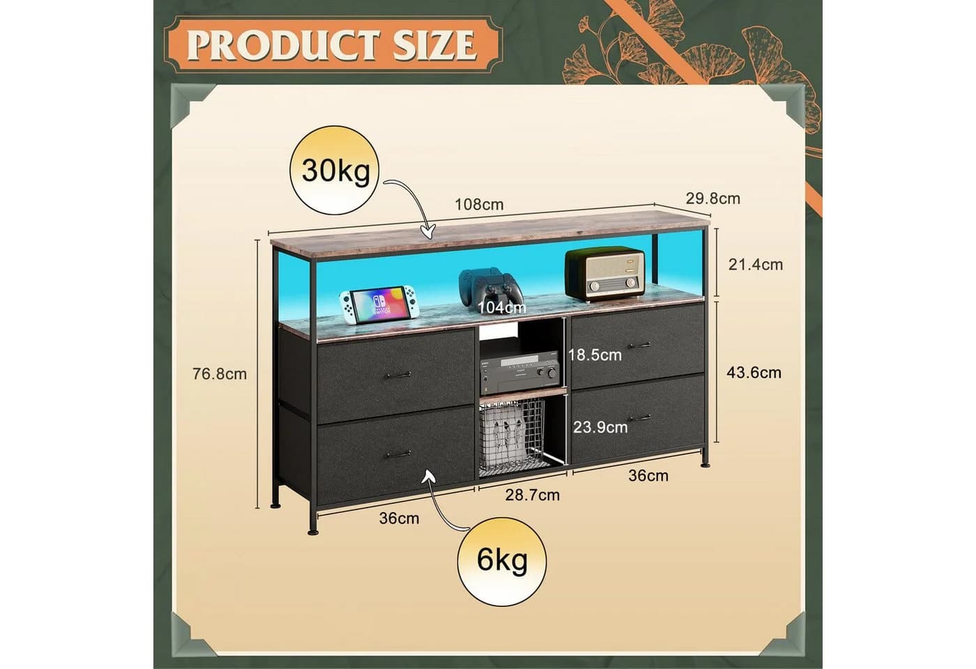 NMCXXO Sideboard Kommode TV-Schrank Metallrahmen LED 4 Schubladen Schwarz - Bild 4