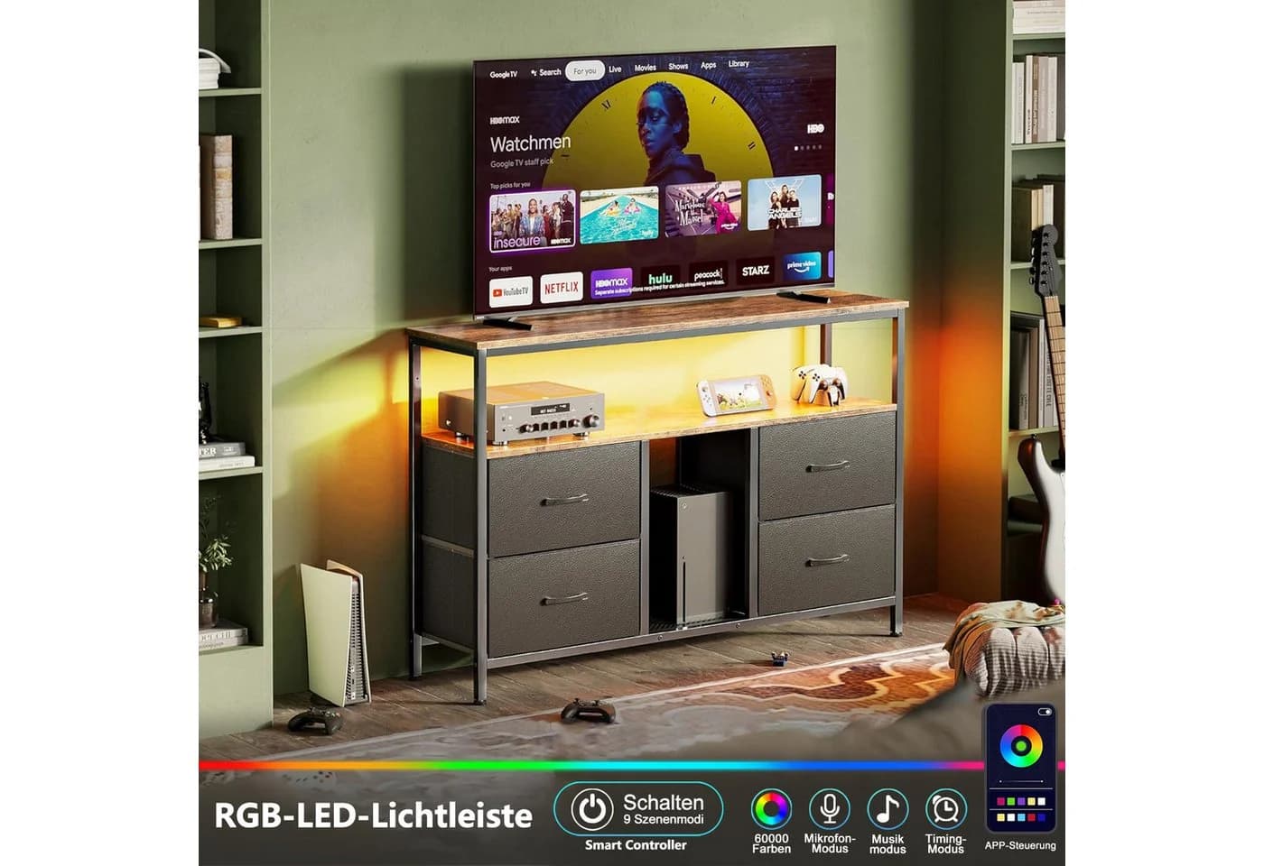 NMCXXO Sideboard Kommode TV-Schrank Metallrahmen LED 4 Schubladen Schwarz - Bild 5