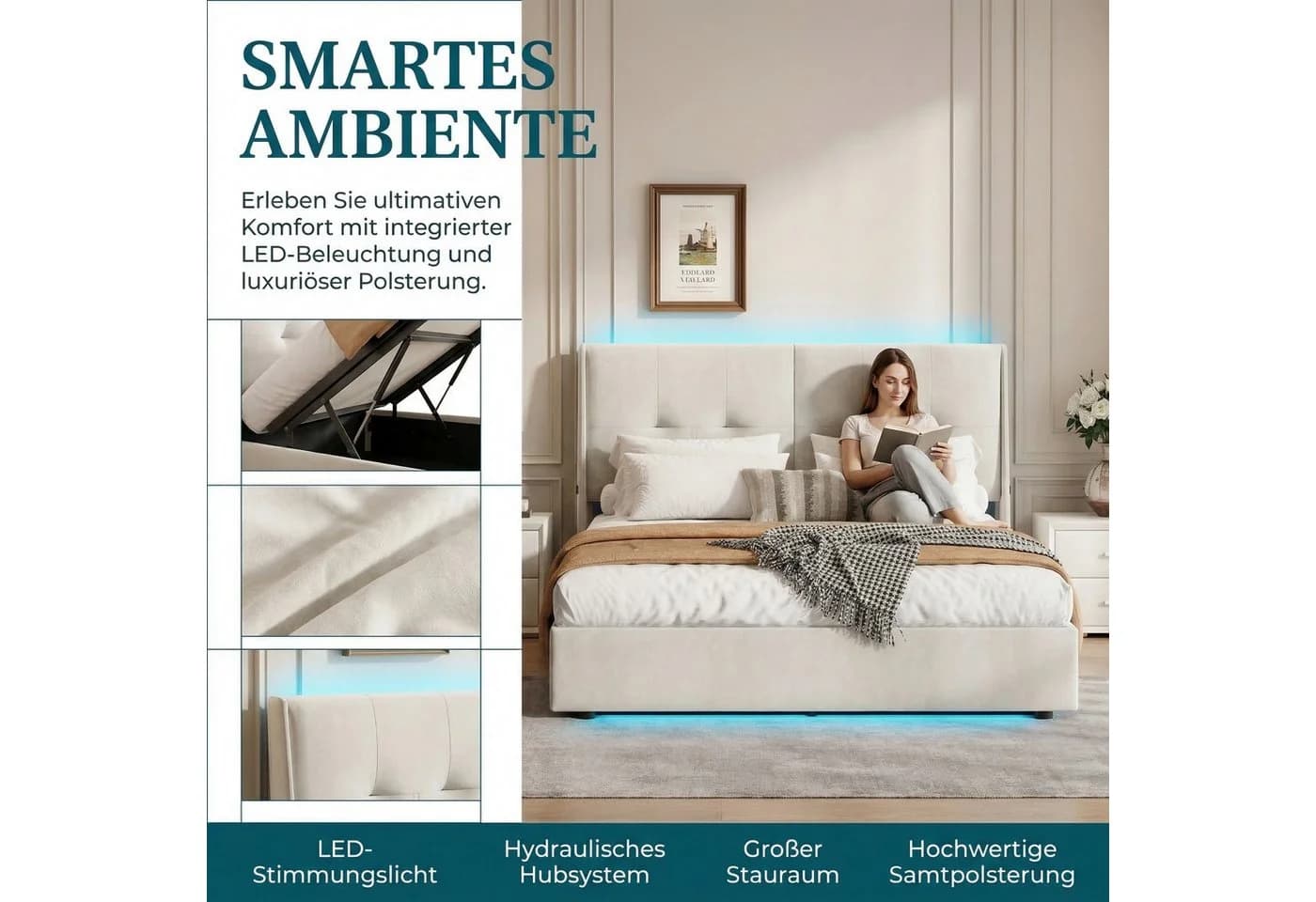 PXloue Stauraumbett Polsterbett cremeweiß mit LED-Licht - Bild 3