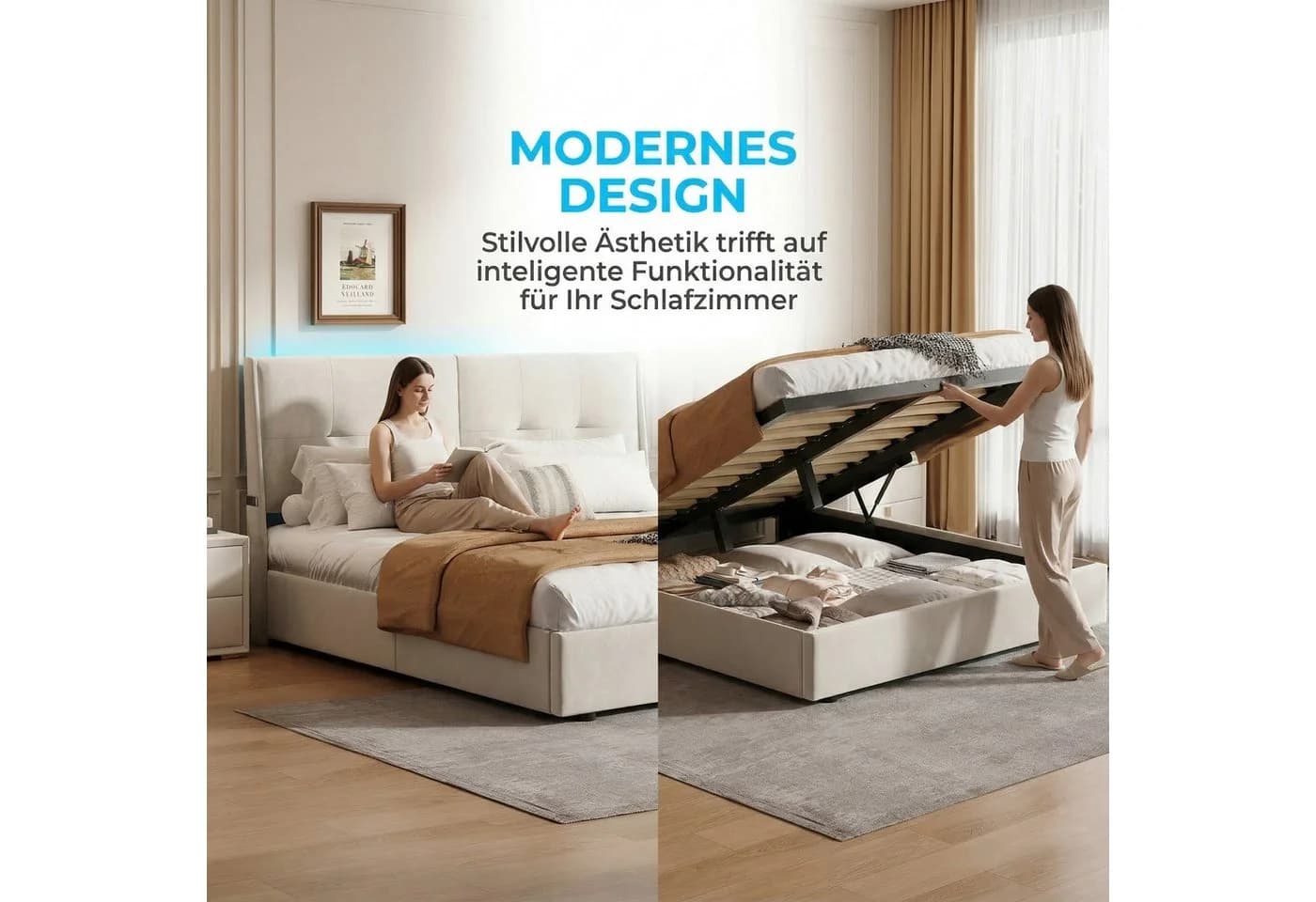 PXloue Stauraumbett Polsterbett cremeweiß mit LED-Licht - Bild 4