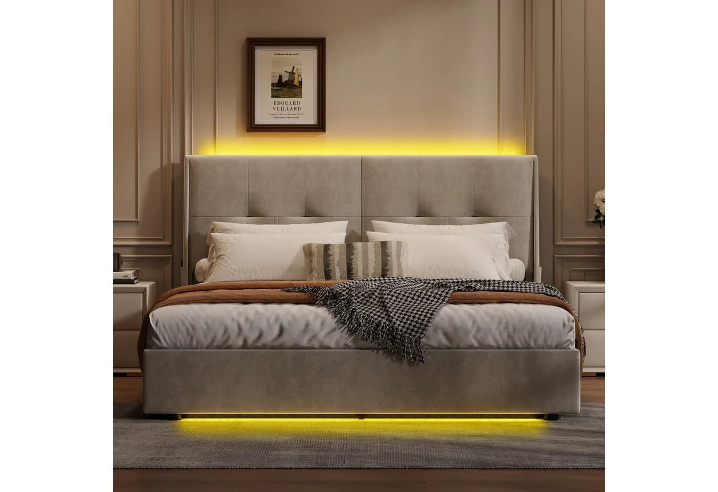 PXloue Stauraumbett Polsterbett mit LED-Lichtband Cremeweiß