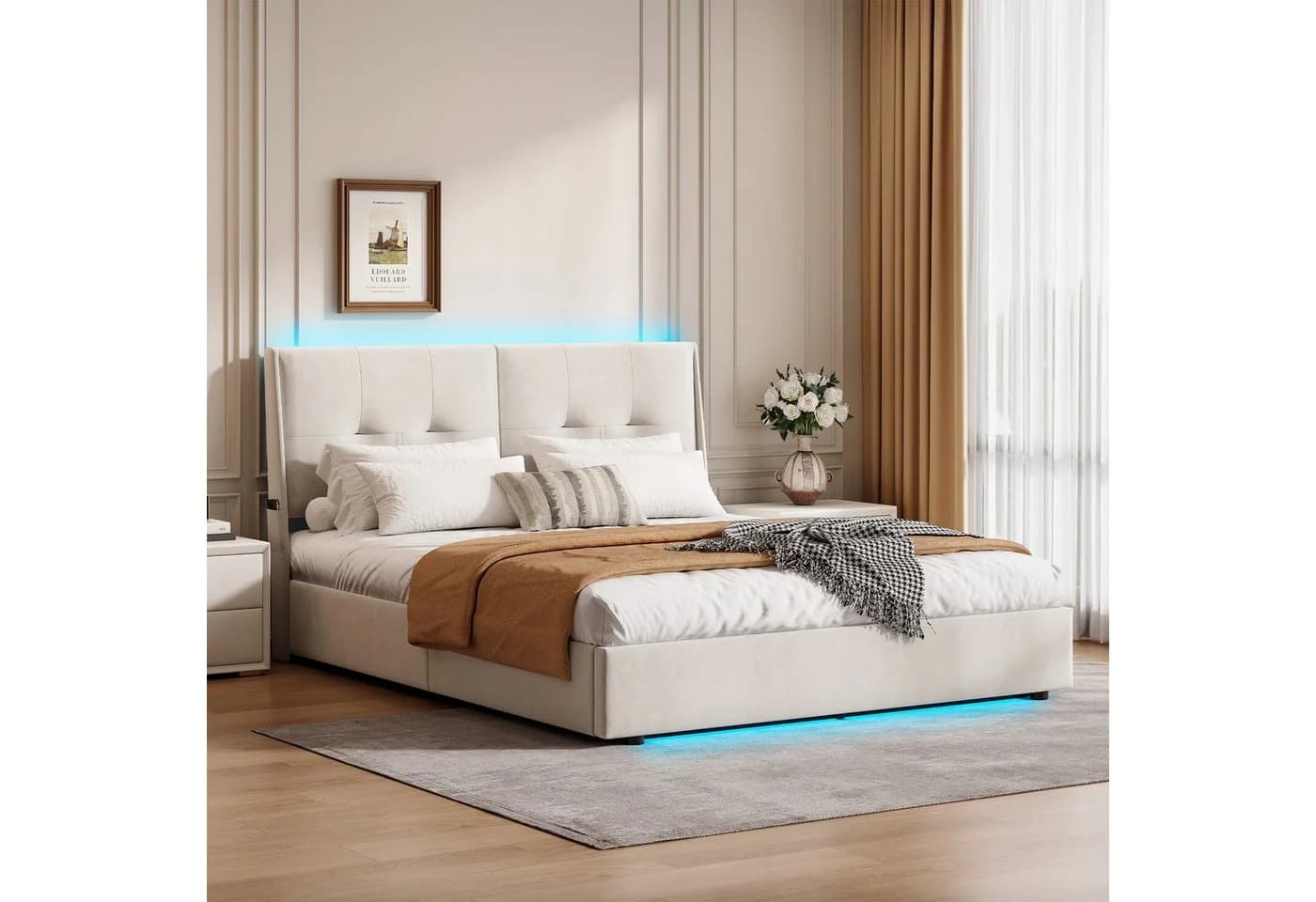PXloue Stauraumbett Polsterbett mit LED-Lichtband Cremeweiß - Bild 2