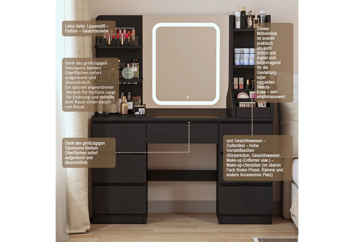 HOMALL Schminktisch mit LED-Spiegel 7 Schubladen Weiß - Bild 4