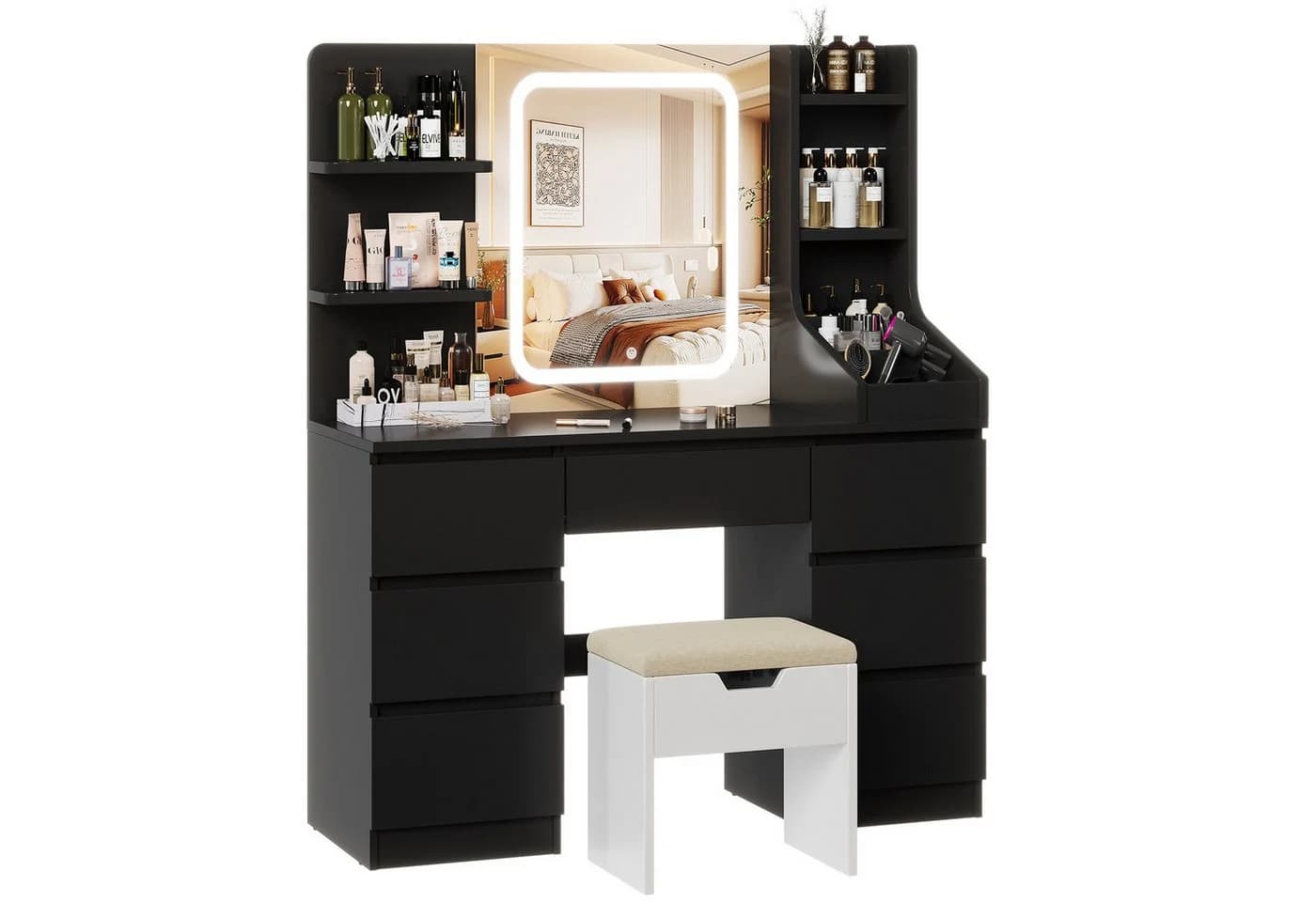 HOMALL Schminktisch LED-Beleuchtung 7 Schubladen 110x40x139cm - Bild 3