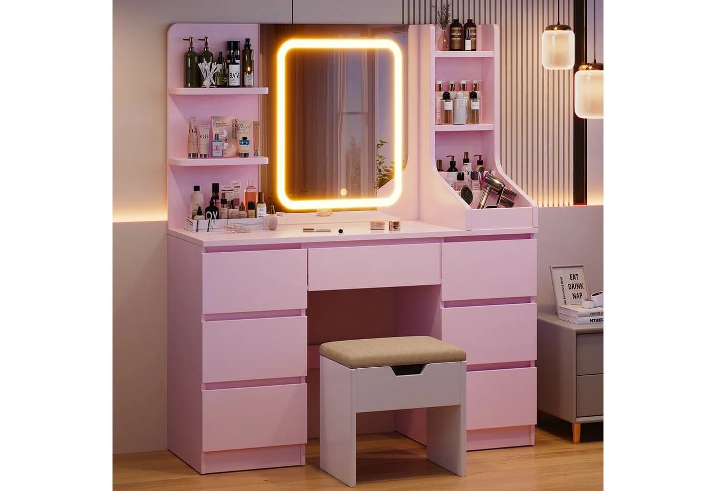 HOMALL Schminktisch Eingebaute LED-Beleuchtung, einstellbare Helligkeit, mit 7 Schubladen