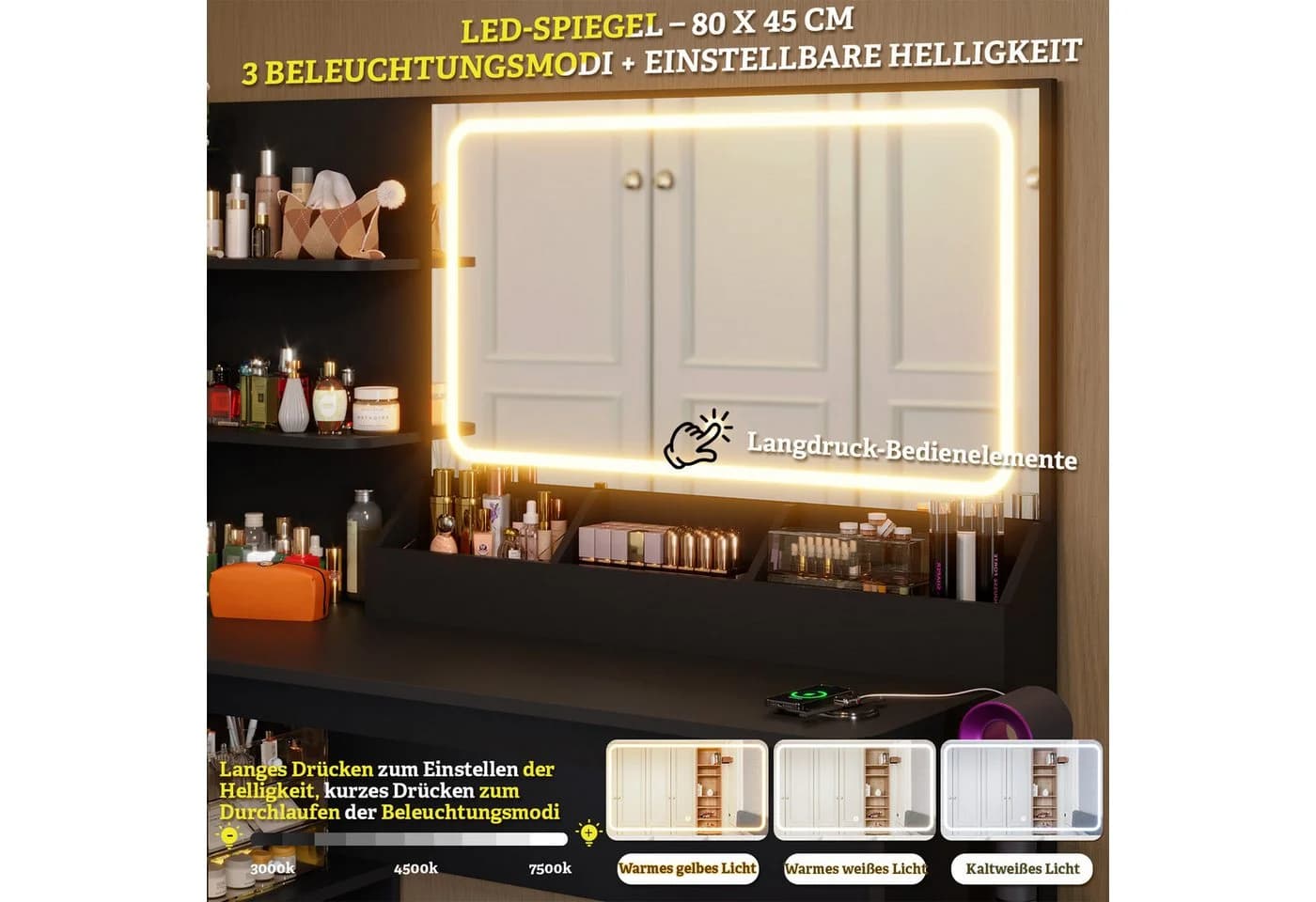 HOMALL Schminktisch mit LED-Spiegel und Stuhl Weiß/Schwarz - Bild 4