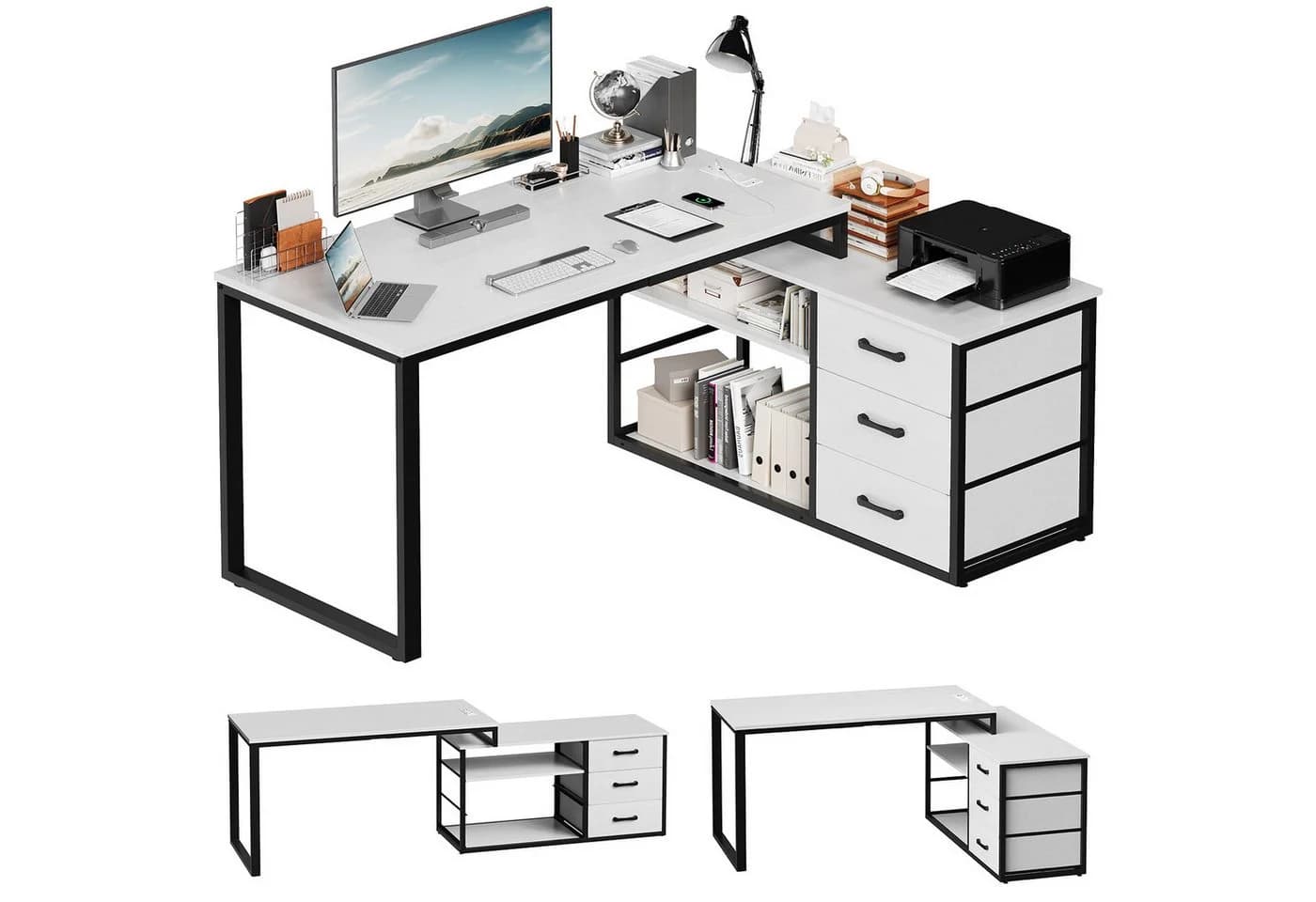 HOMALL L-förmiger Eckschreibtisch mit USB, Steckdosen & Schubladen - Bild 2