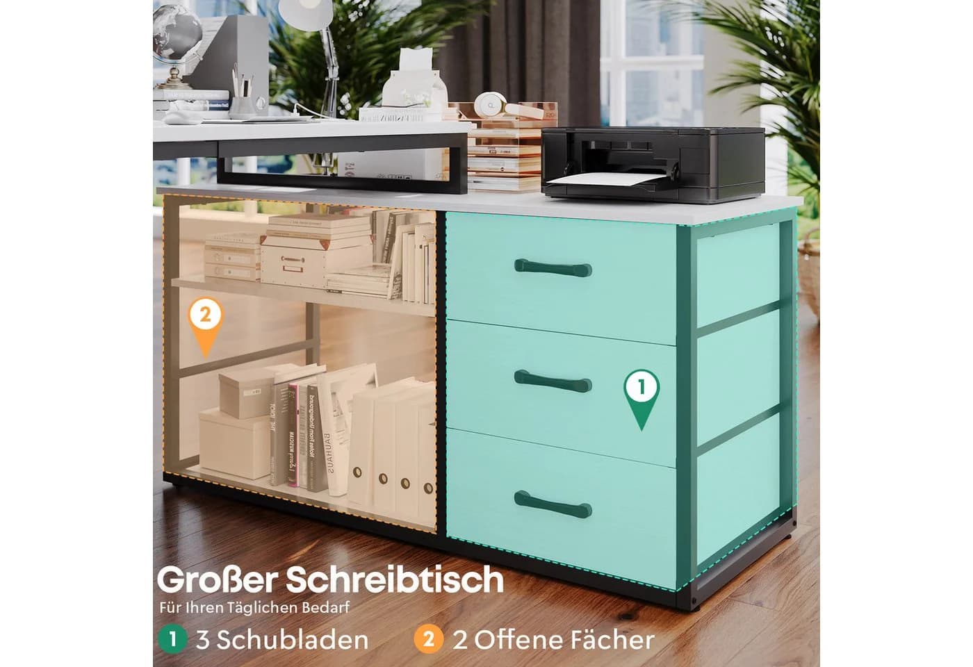 HOMALL L-förmiger Eckschreibtisch mit USB, Steckdosen & Schubladen - Bild 4
