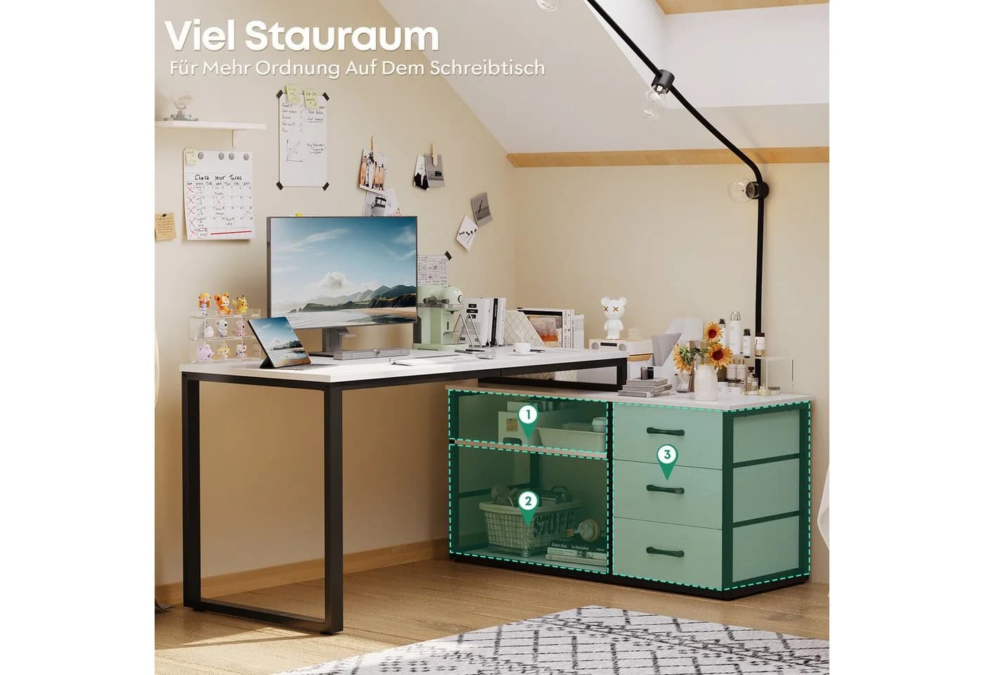 HOMALL L-förmiger Eckschreibtisch mit USB, Steckdosen & Schubladen - Bild 5