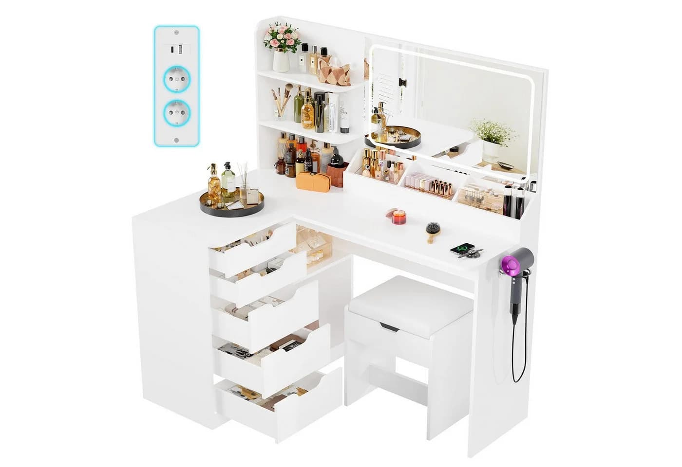 Furnicopia Schminktisch LED mit großer Ablagefläche und Hocker - Bild 2