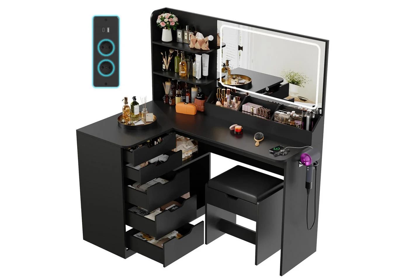 Furnicopia Schminktisch LED-Schminktisch mit großer Ablagefläche und Hocker - Bild 2