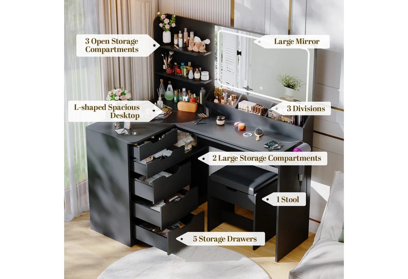 Furnicopia Schminktisch LED-Schminktisch mit großer Ablagefläche und Hocker - Bild 4