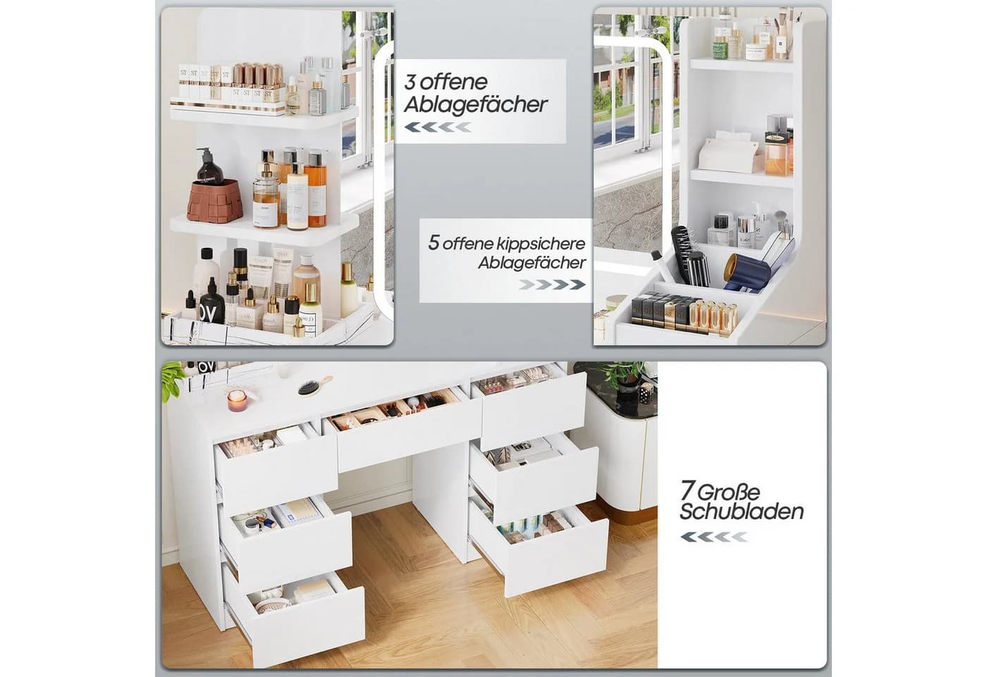 Furnicopia Schminktisch Einstellbare Helligkeit mit 7 Schubladen und 8 offenen Ablagefächern - Bild 5