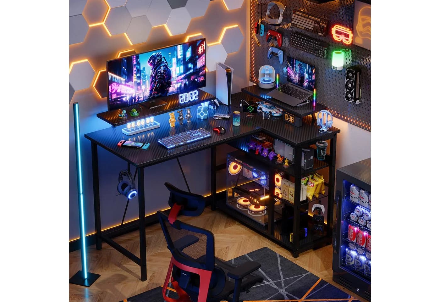 HOMALL Gamingtisch L-förmig mit USB, Steckdosen & LED Schwarz