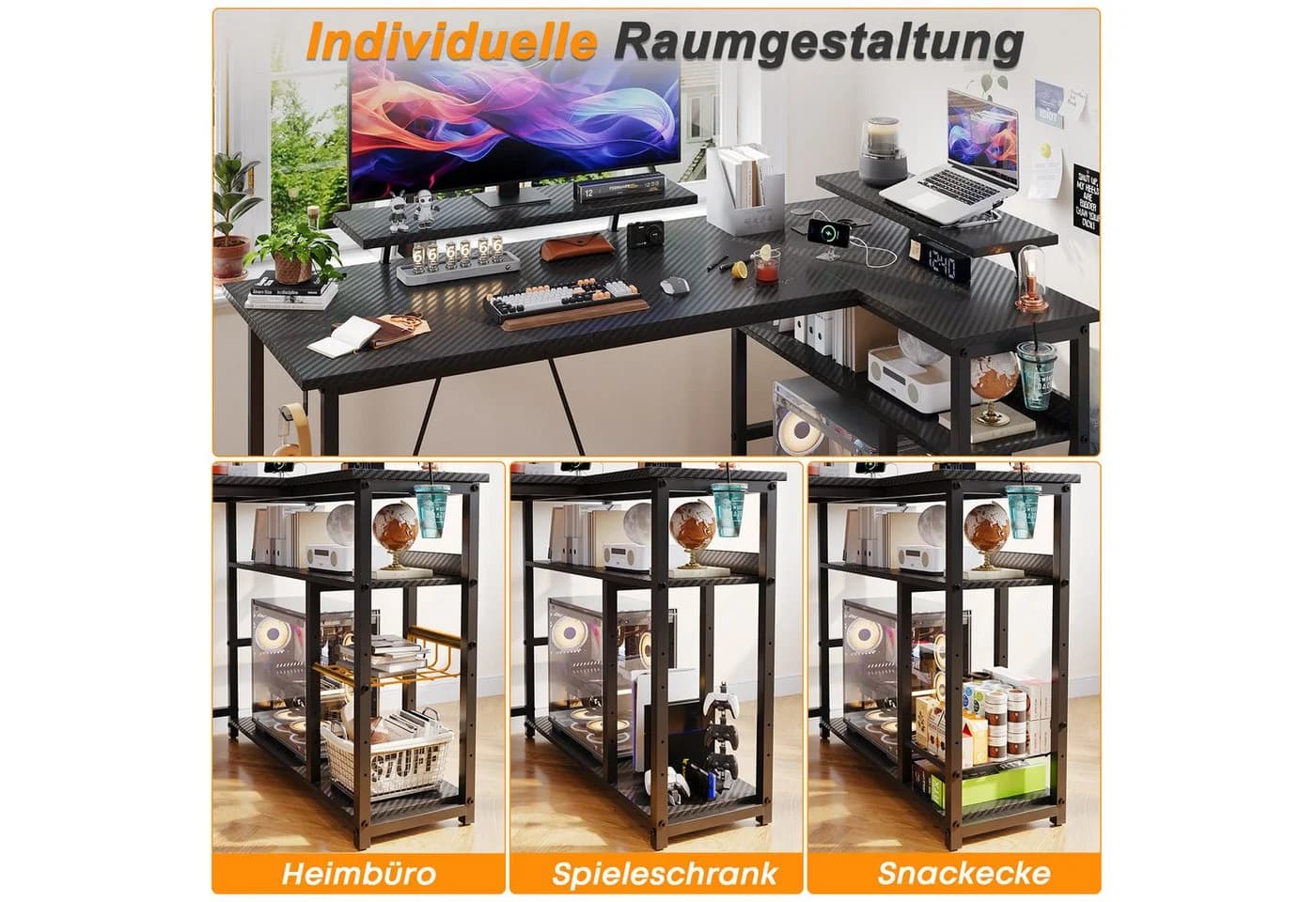 HOMALL Gamingtisch L-förmig mit USB, Steckdosen & LED Schwarz - Bild 4