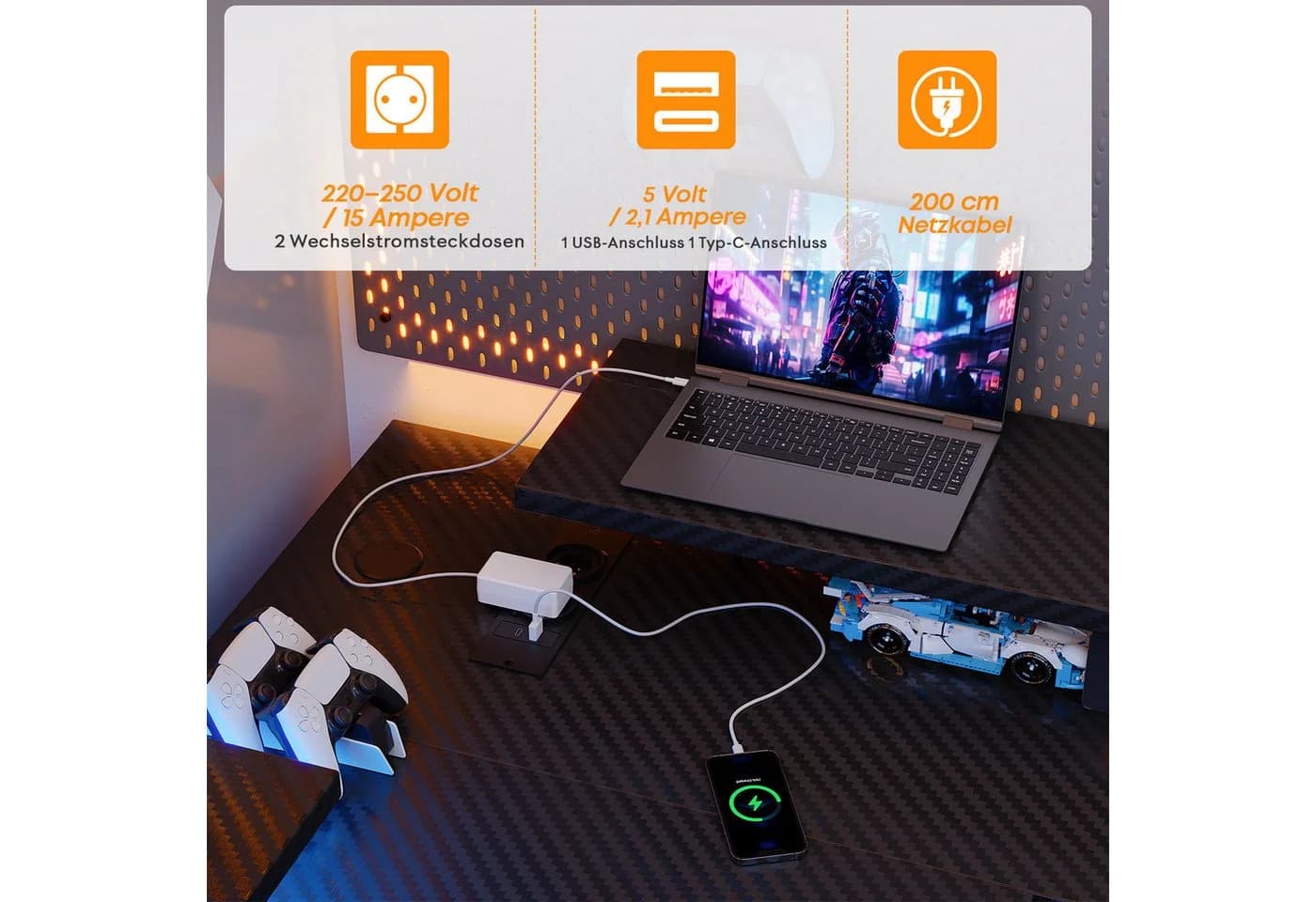 HOMALL Gamingtisch L-förmig mit USB, Steckdosen & LED Schwarz - Bild 5