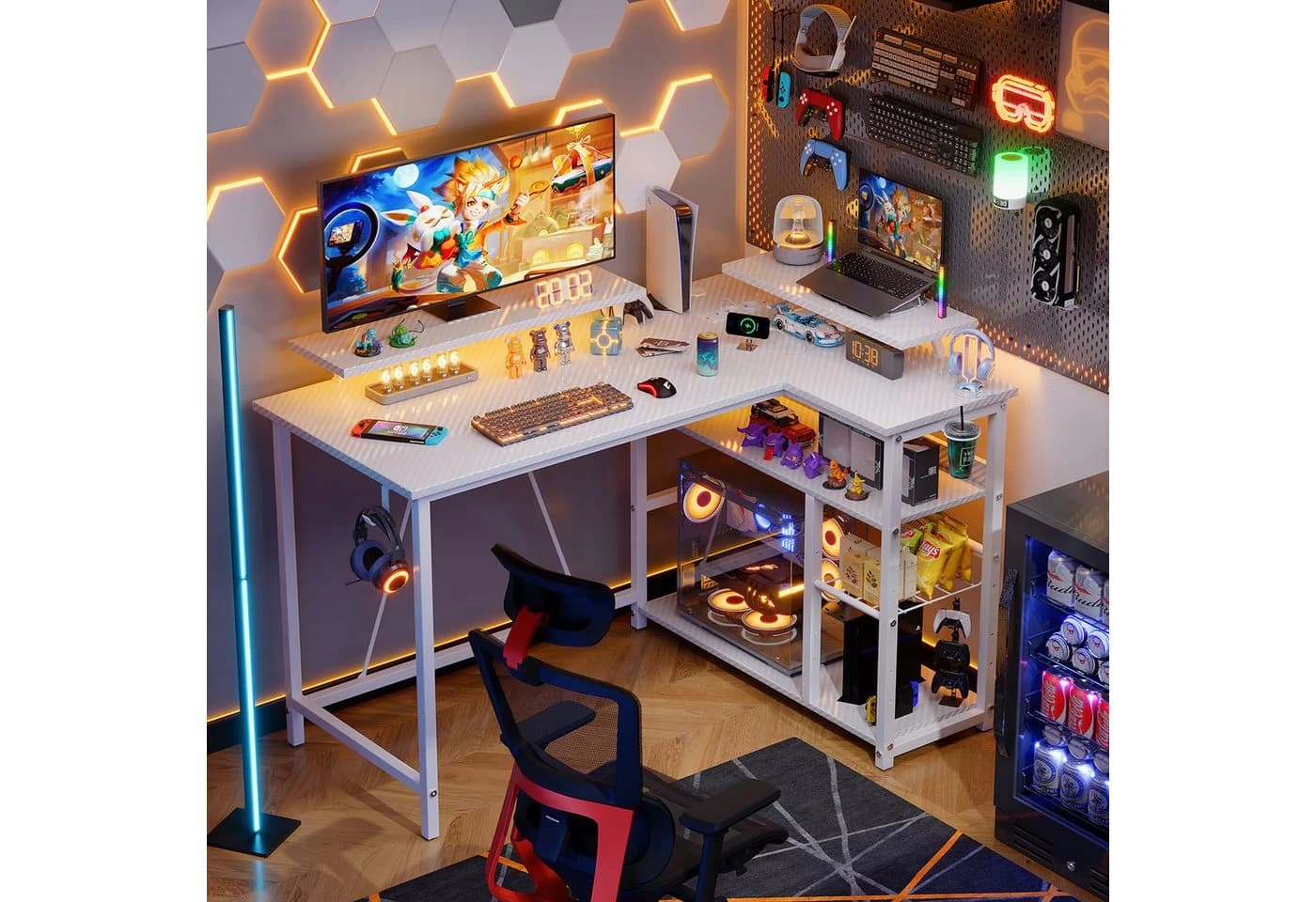 HOMALL Gamingtisch L-förmiger Computertisch mit Steckdosen, USB-Anschlüssen und Stauraum