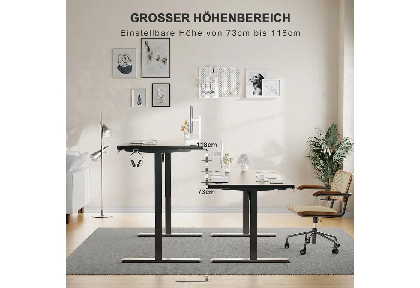 Furnicopia Schreibtisch Höhenverstellbar Schwarz mit USB & Wecker - Bild 4