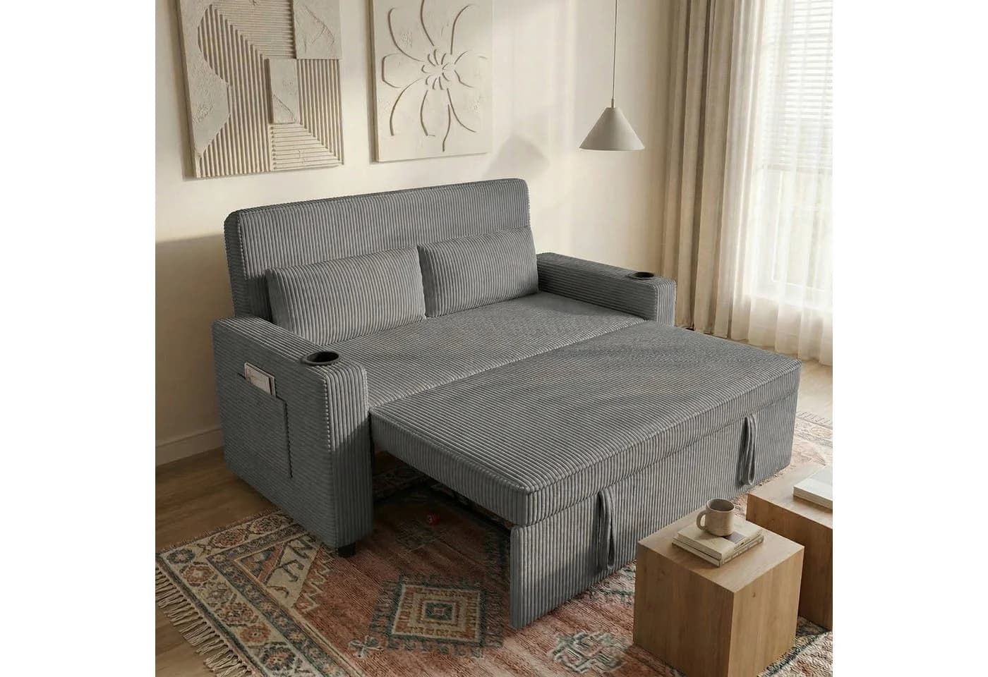 GUNJI 2-Sitzer Schlafsofa Grau Cord mit Schlaffunktion