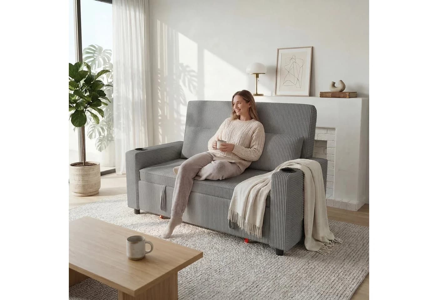GUNJI 2-Sitzer Schlafsofa Grau Cord mit Schlaffunktion - Bild 4
