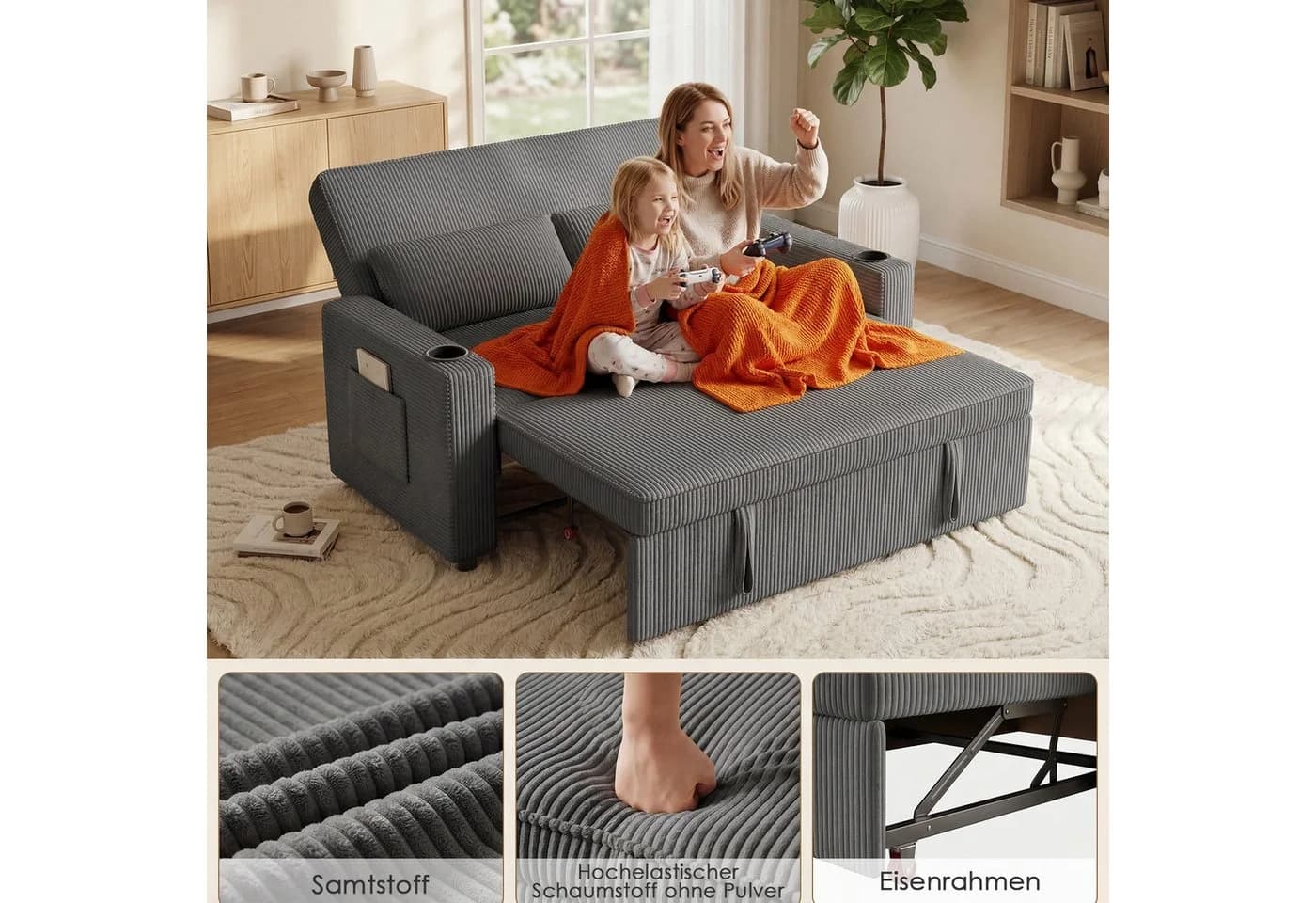 GUNJI 2-Sitzer Schlafsofa Grau Cord mit Schlaffunktion - Bild 5