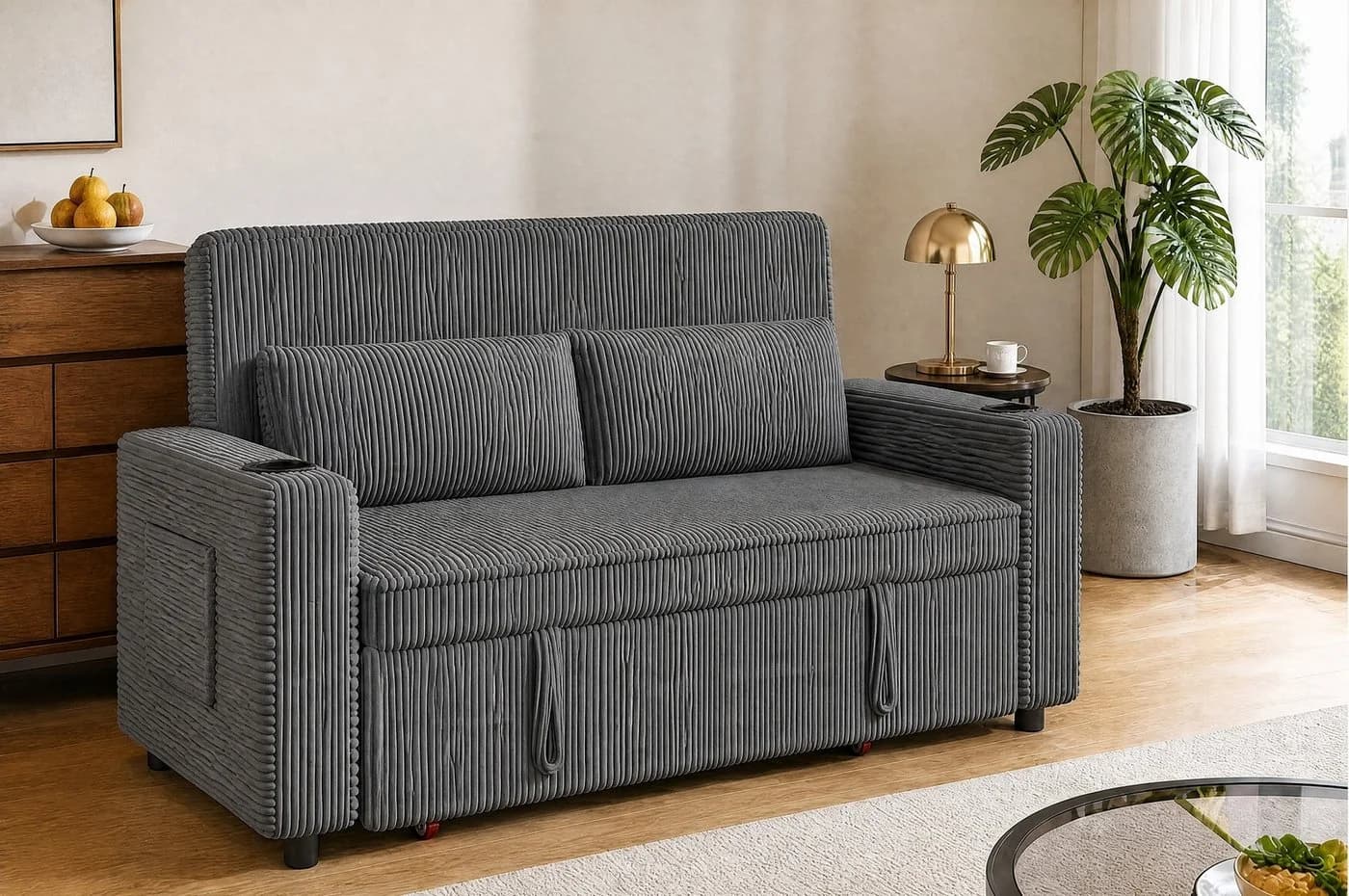 HOMALL Schlafsofa 2-Sitzer Ausziehbar Grau Cord-Stoff