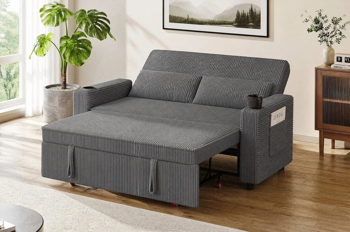 GUNJI Schlafsofa 2-Sitzer Ausziehbar Grau Cord-Stoff - Bild 2