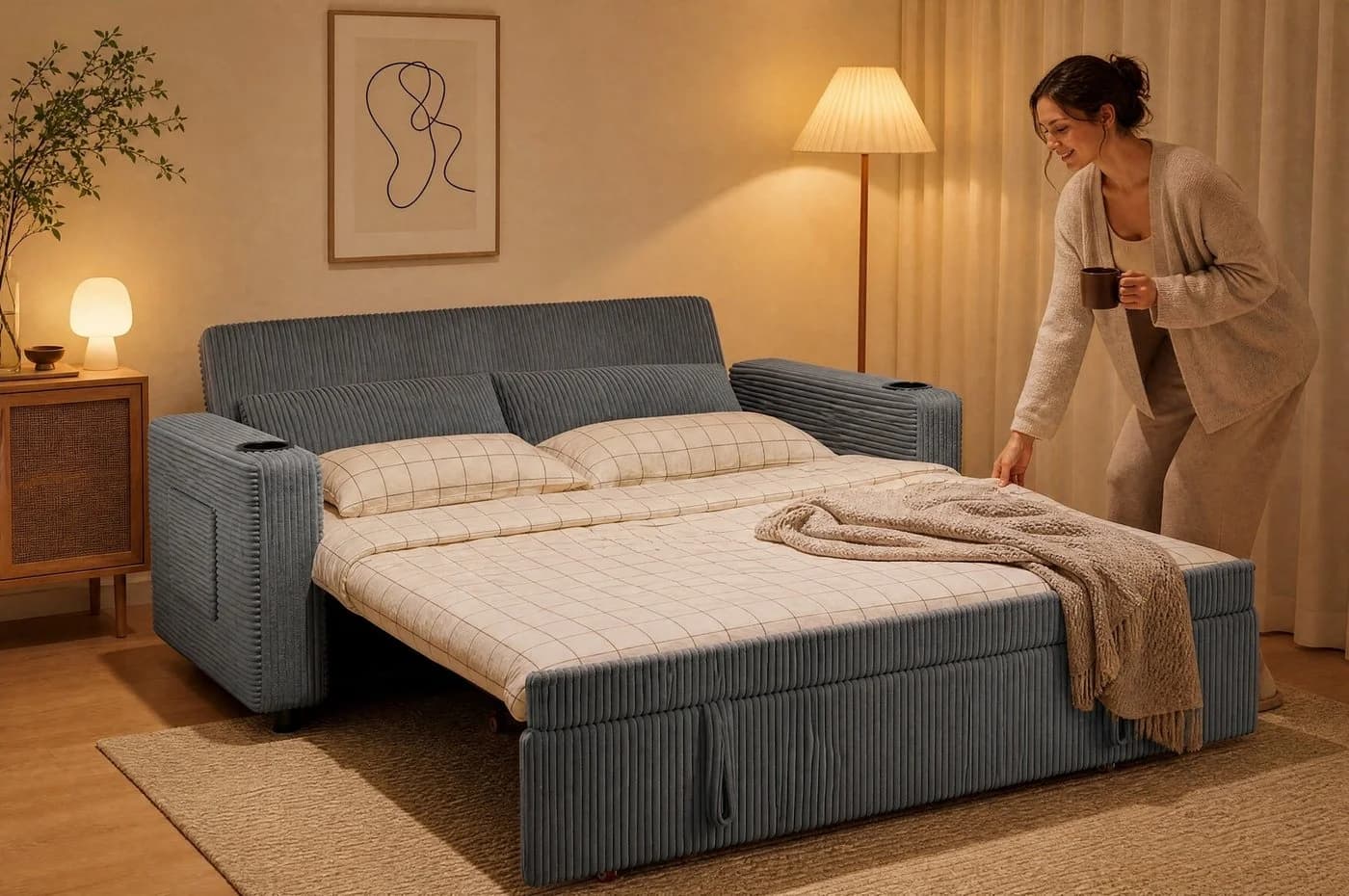 GUNJI Schlafsofa 2-Sitzer Ausziehbar Grau Cord-Stoff - Bild 3