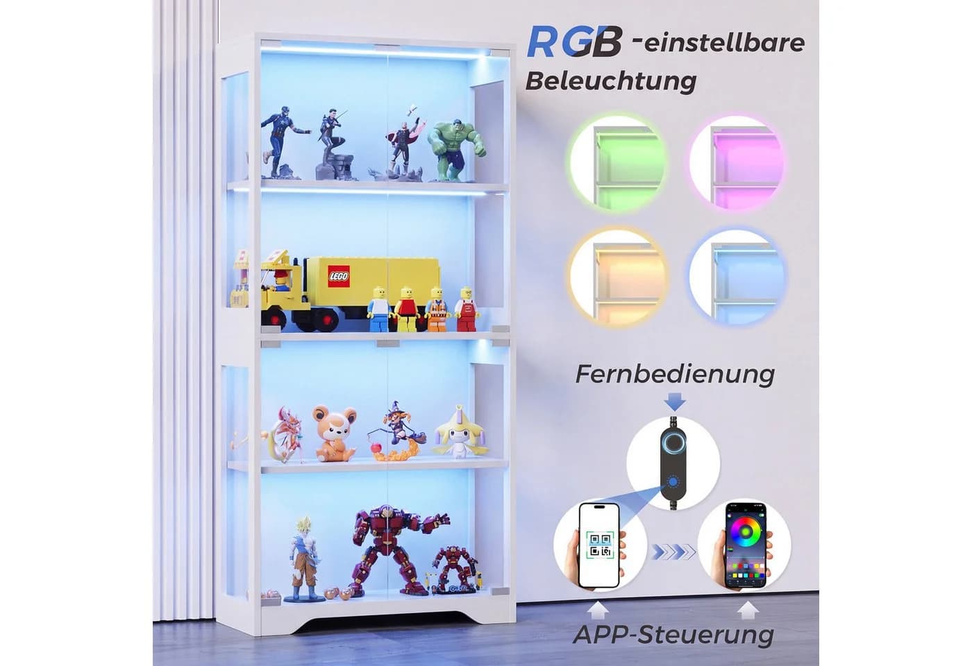 HOMALL Glasvitrine mit RGB-LED-Beleuchtung Standvitrine Schwarz - Bild 4