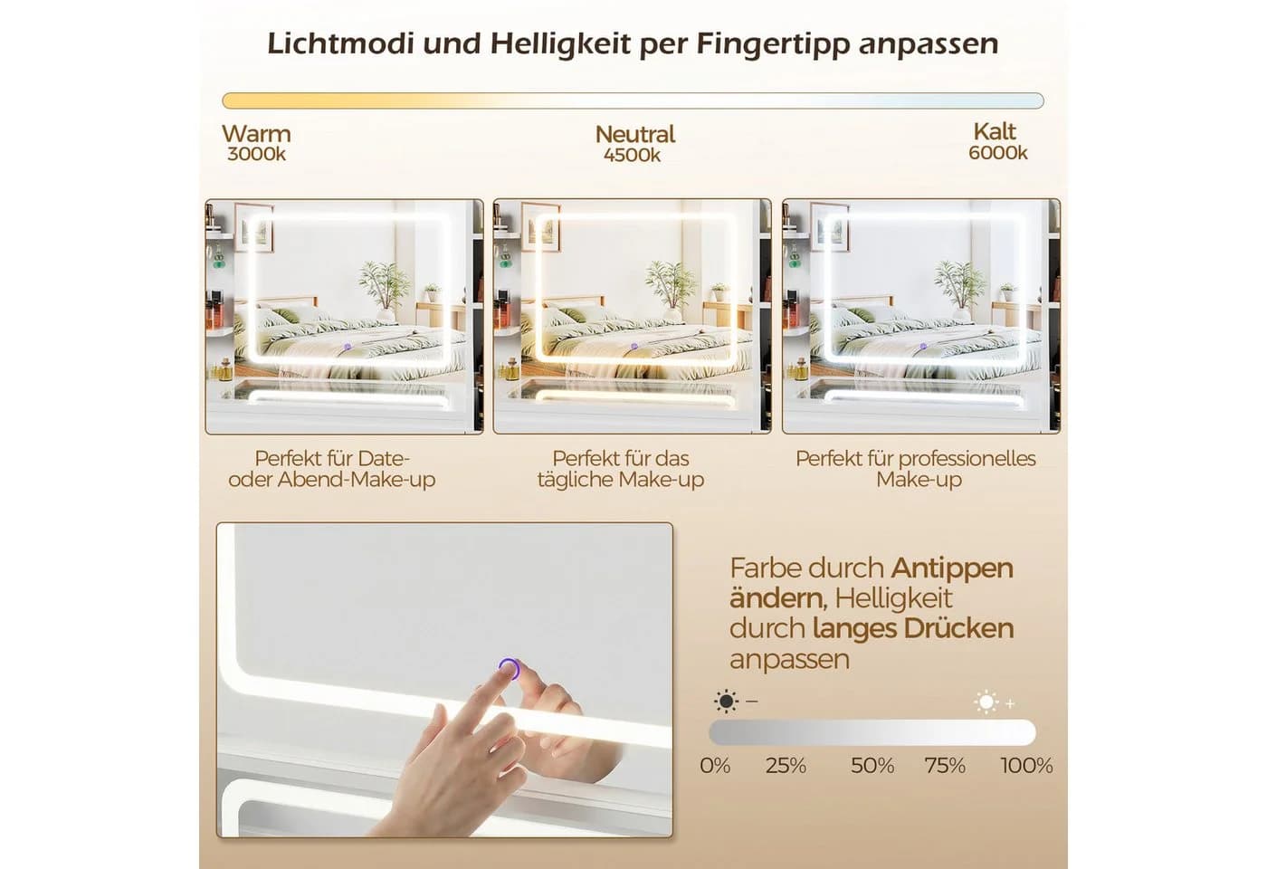 Furnicopia Schminktisch Weiß mit LED-Beleuchtung und Stauraum - Bild 5