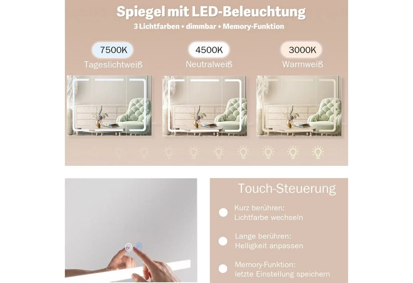 HOMALL Badezimmerspiegelschrank LED mit Antibeschlagfunktion, Steckdose & USB - Bild 5