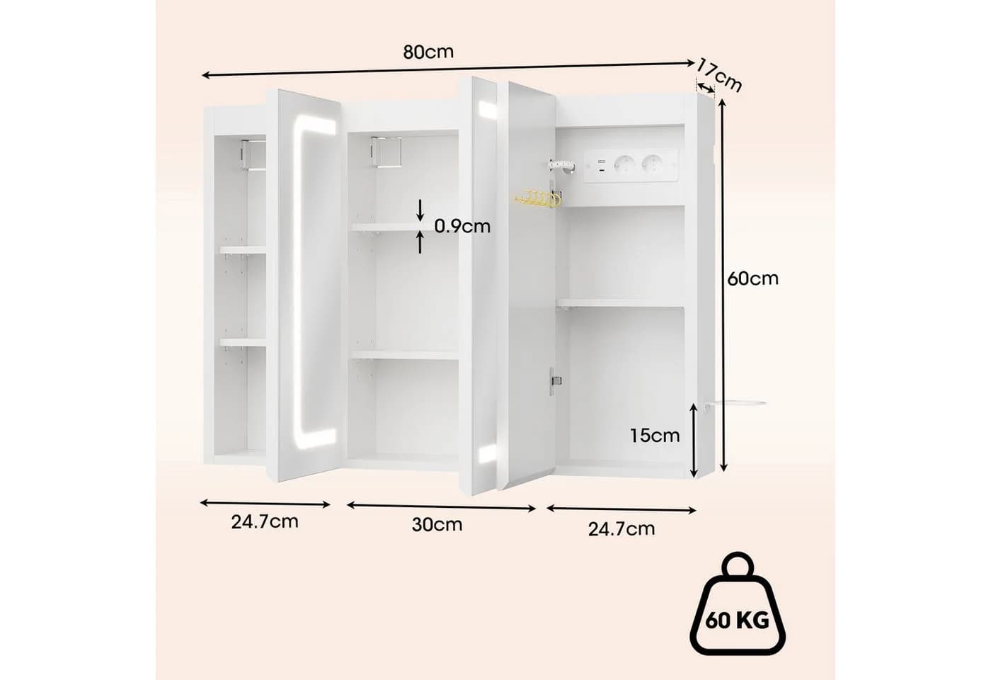 GUNJI Badezimmerspiegelschrank mit LED, Antibeschlag, Steckdose, USB & Typ-C - Bild 4