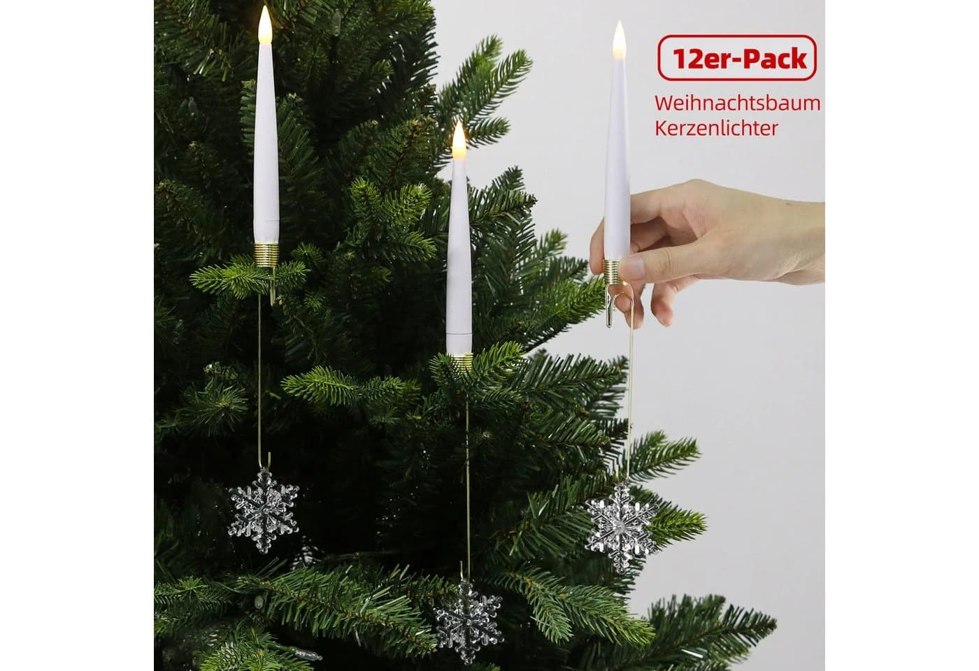kisidus LED-Kerze LED Weihnachtsbaum Kerzen mit Kunststoff-Schneeflockendekor 12pcs