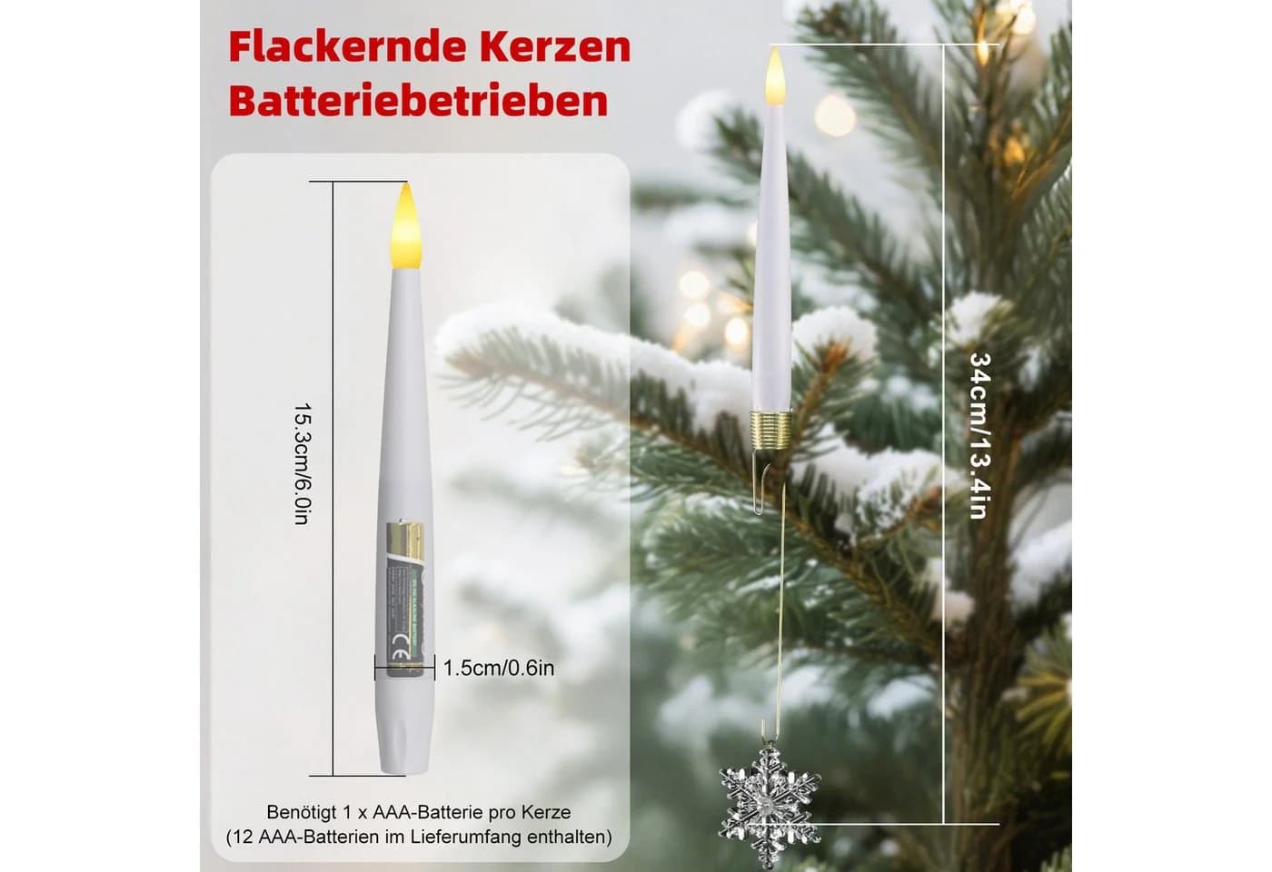 kisidus LED-Kerze LED Weihnachtsbaum Kerzen mit Kunststoff-Schneeflockendekor 12pcs - Bild 3