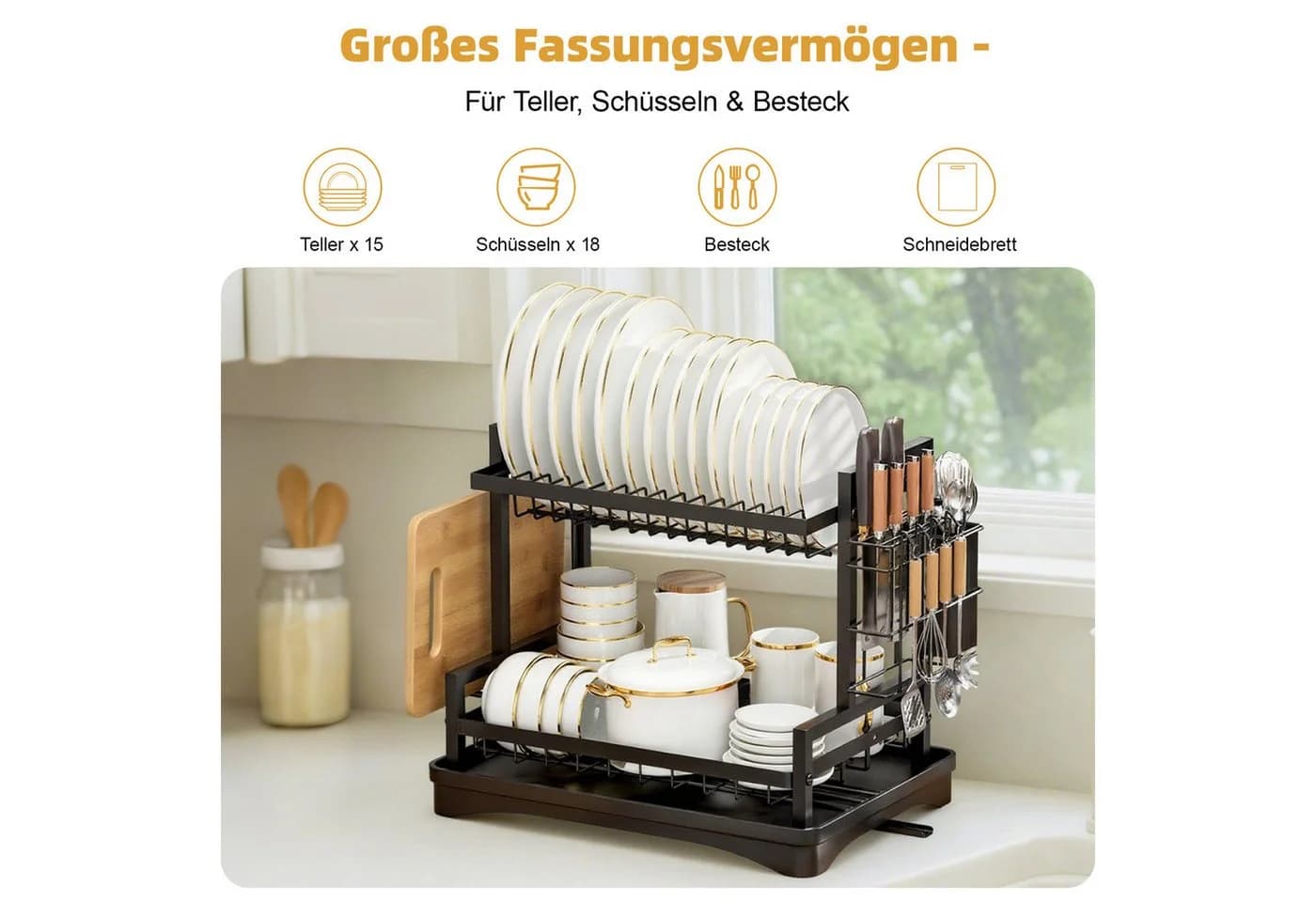 SunJas Geschirrständer Schwarz 2-stufig mit 360°-Abfluss - Bild 5