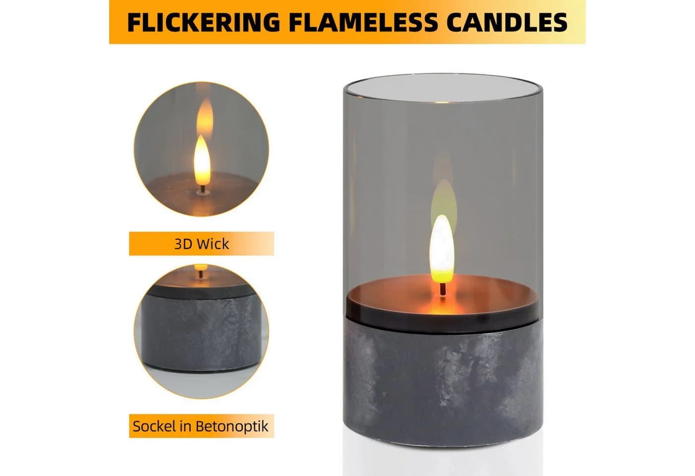 kisidus LED-Kerze Flammenlose LED Kerzen 3D-Docht 3-tlg. Ø 7.5cm x 12.5cm/15cm/17.5cm - Bild 3
