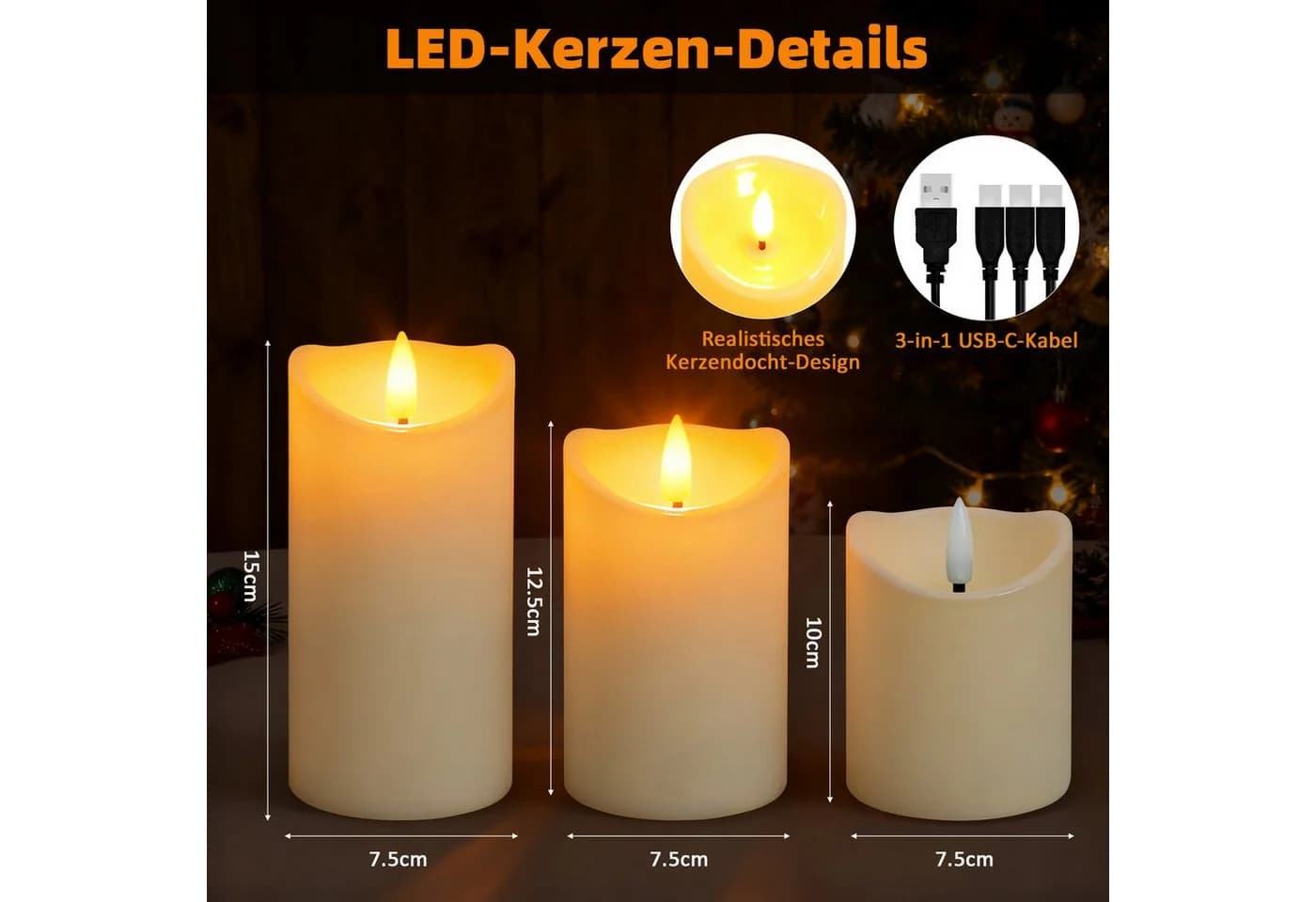 OZAVO LED-Kerze 3er Set Aufladbar mit Fernbedienung & Timer Warmweiß - Bild 5