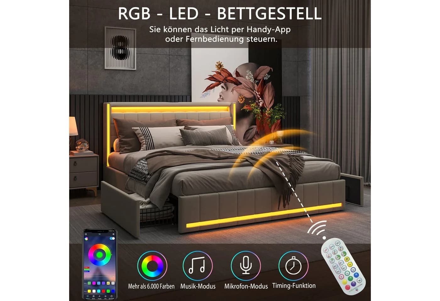 PXloue Polsterbett LED Doppelbett 140x200 cm USB-Typ-C Stauraumbett - Bild 3