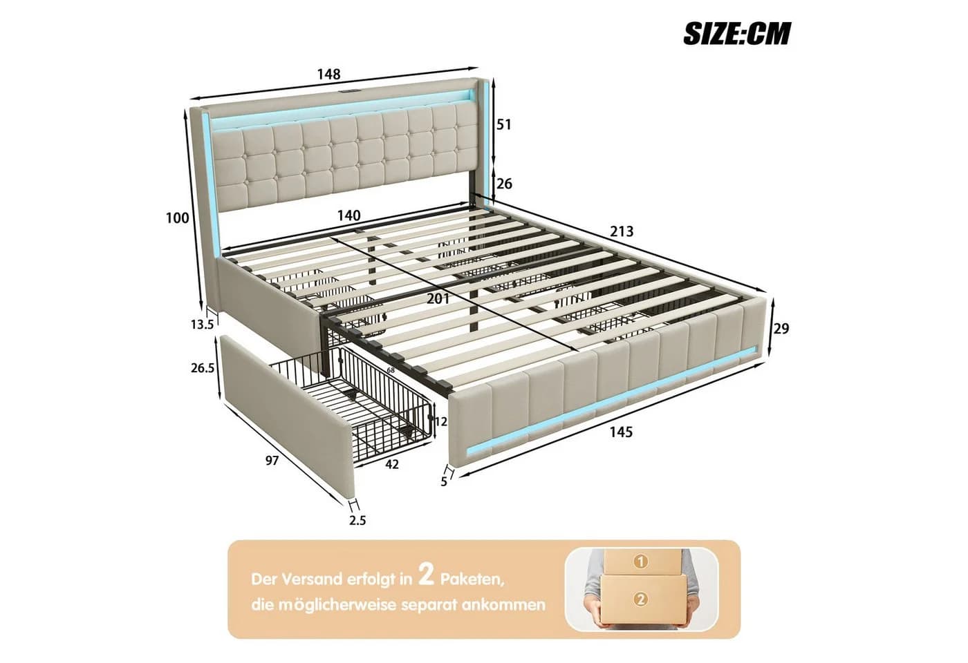 PXloue Polsterbett LED Doppelbett 140x200 cm USB-Typ-C Stauraumbett - Bild 4