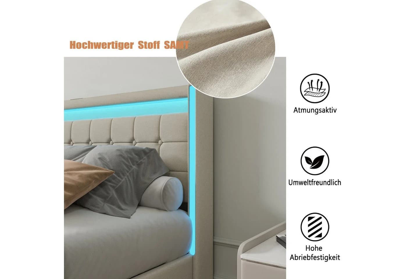 PXloue Polsterbett LED Doppelbett 140x200 cm USB-Typ-C Stauraumbett - Bild 5