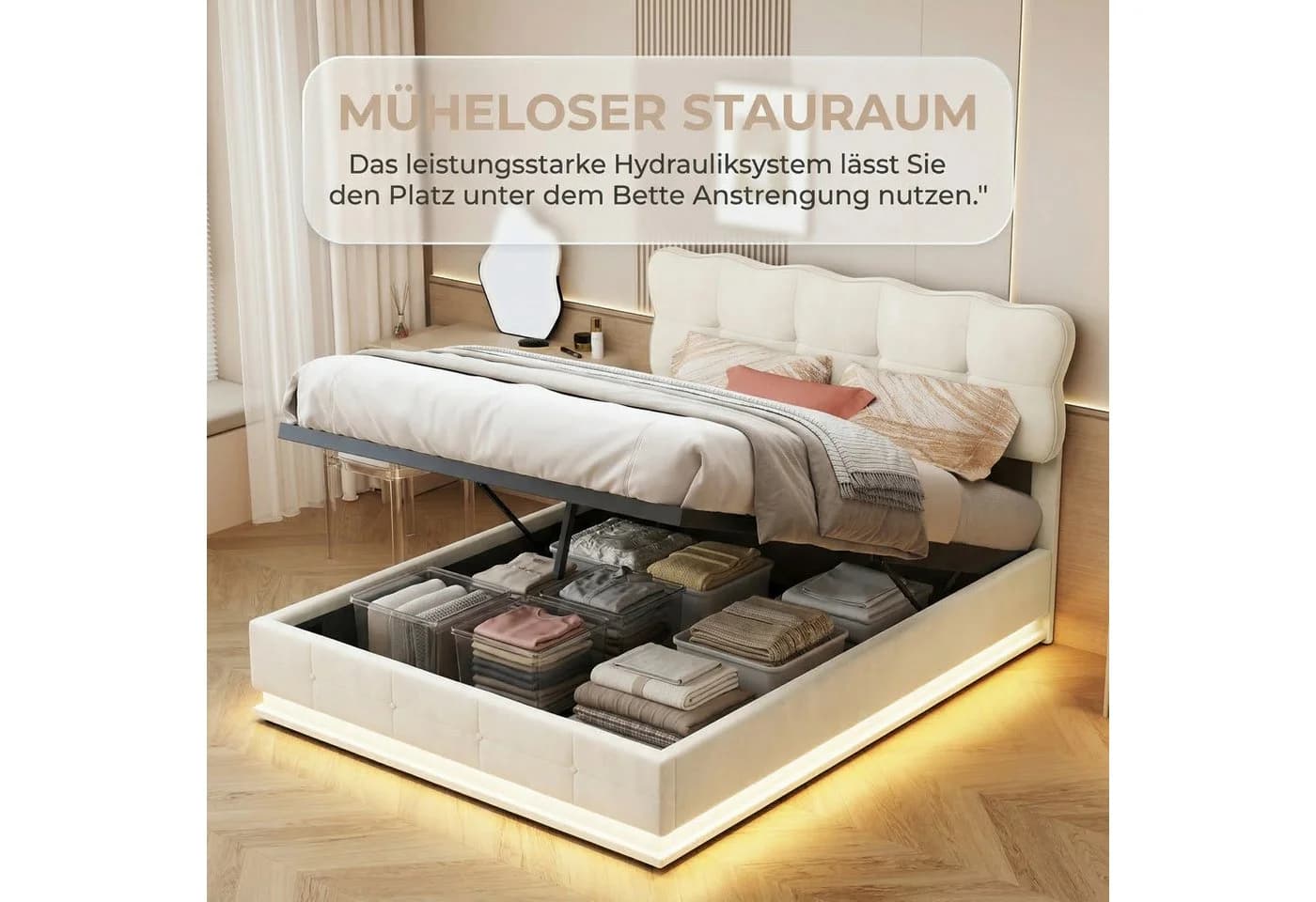 PXloue Polsterbett LED Doppelbett mit Stauraum und Lattenrost