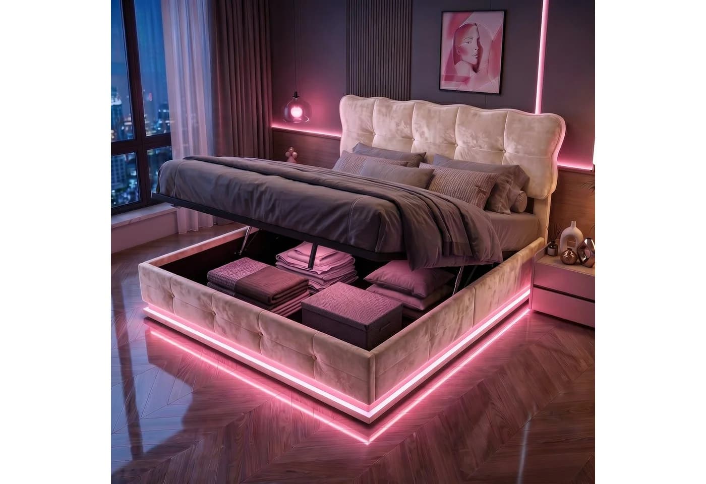 PXloue Polsterbett mit LED & Bettkasten Beige Samt - Bild 2